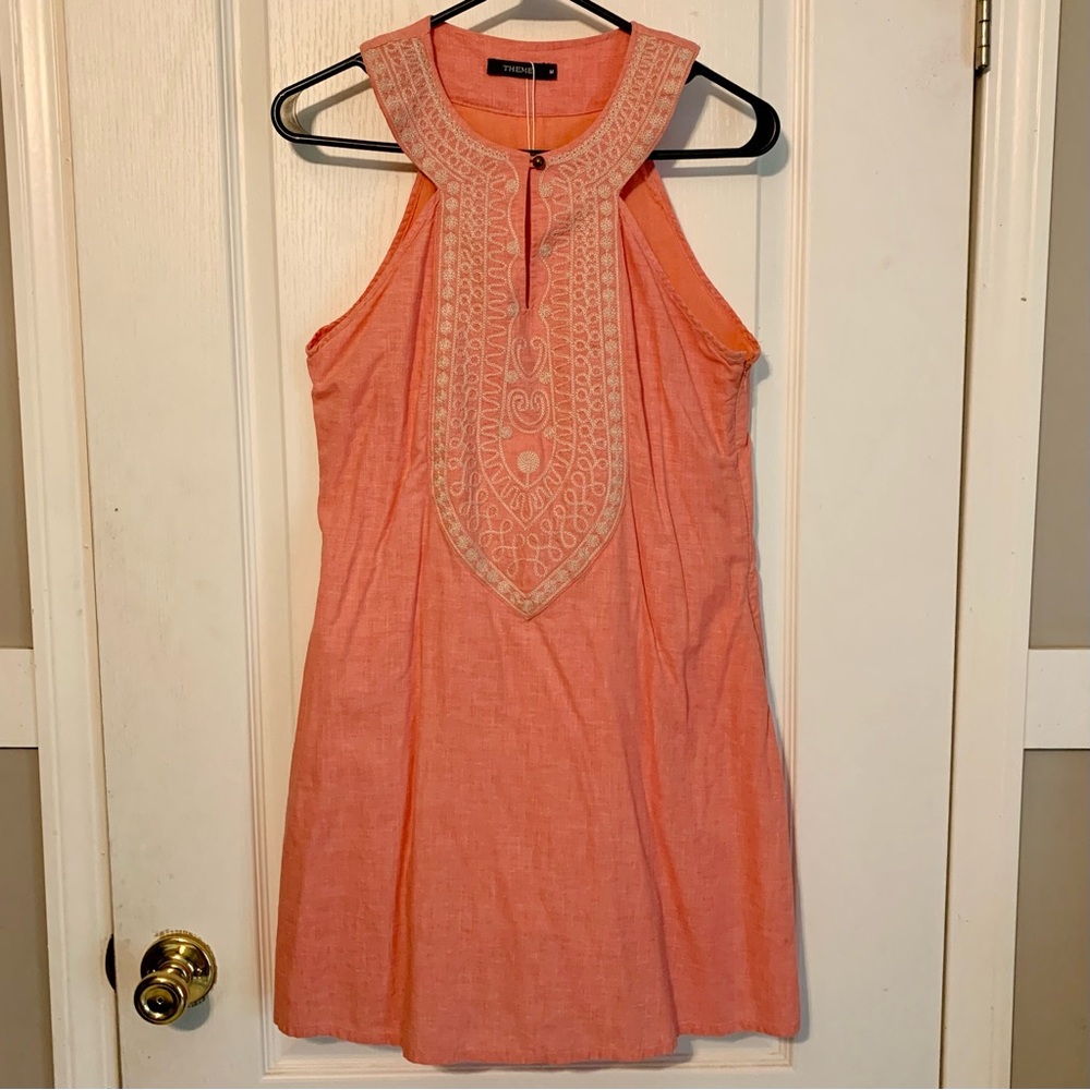 Coral Sleeveless Embroidered Linen Cotton Dress